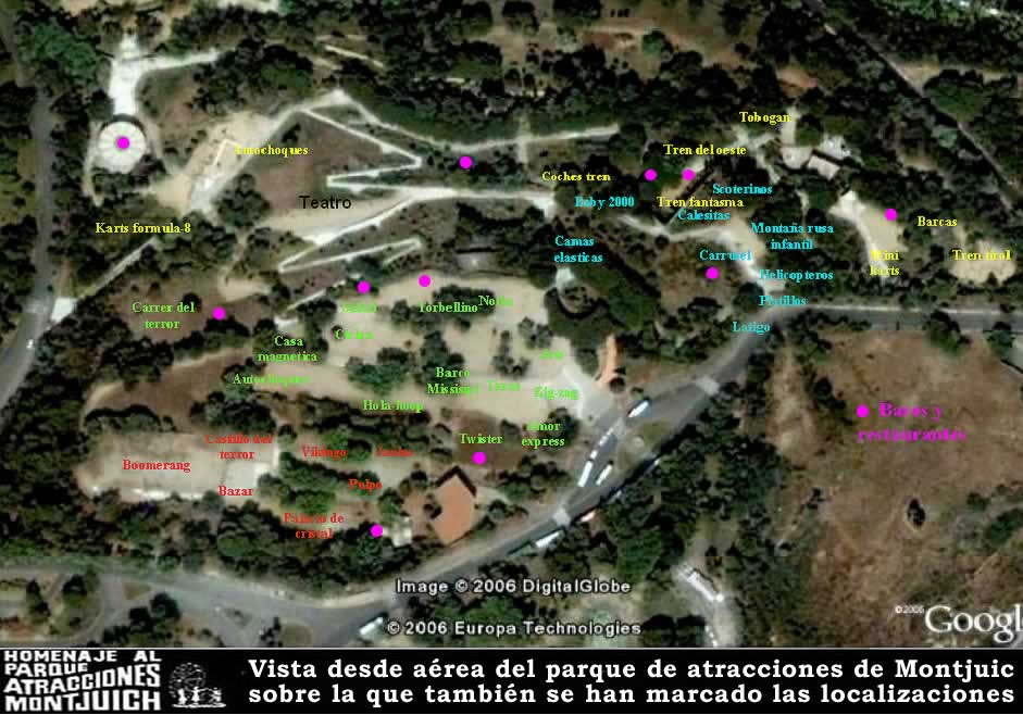 Vista aérea y mapa del Parque de Atracciones de Montjuic