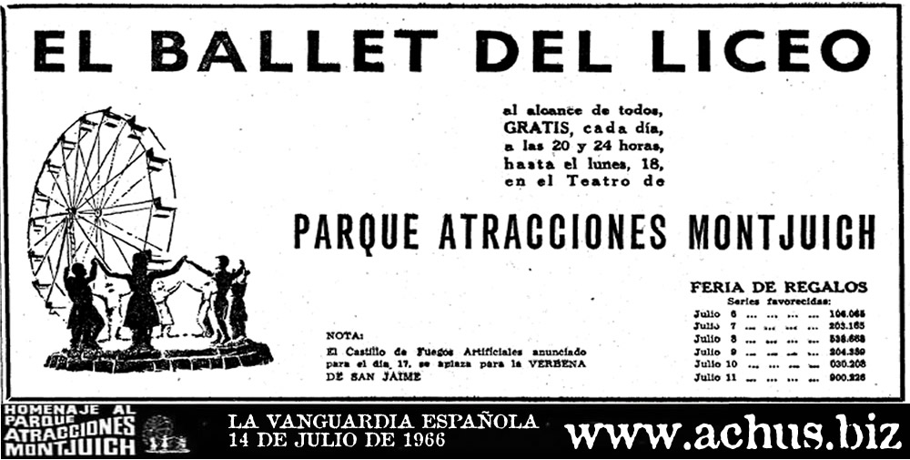 Cartel del Ballet del Liceo 1966 en el Parque de Atracciones de Montjuic