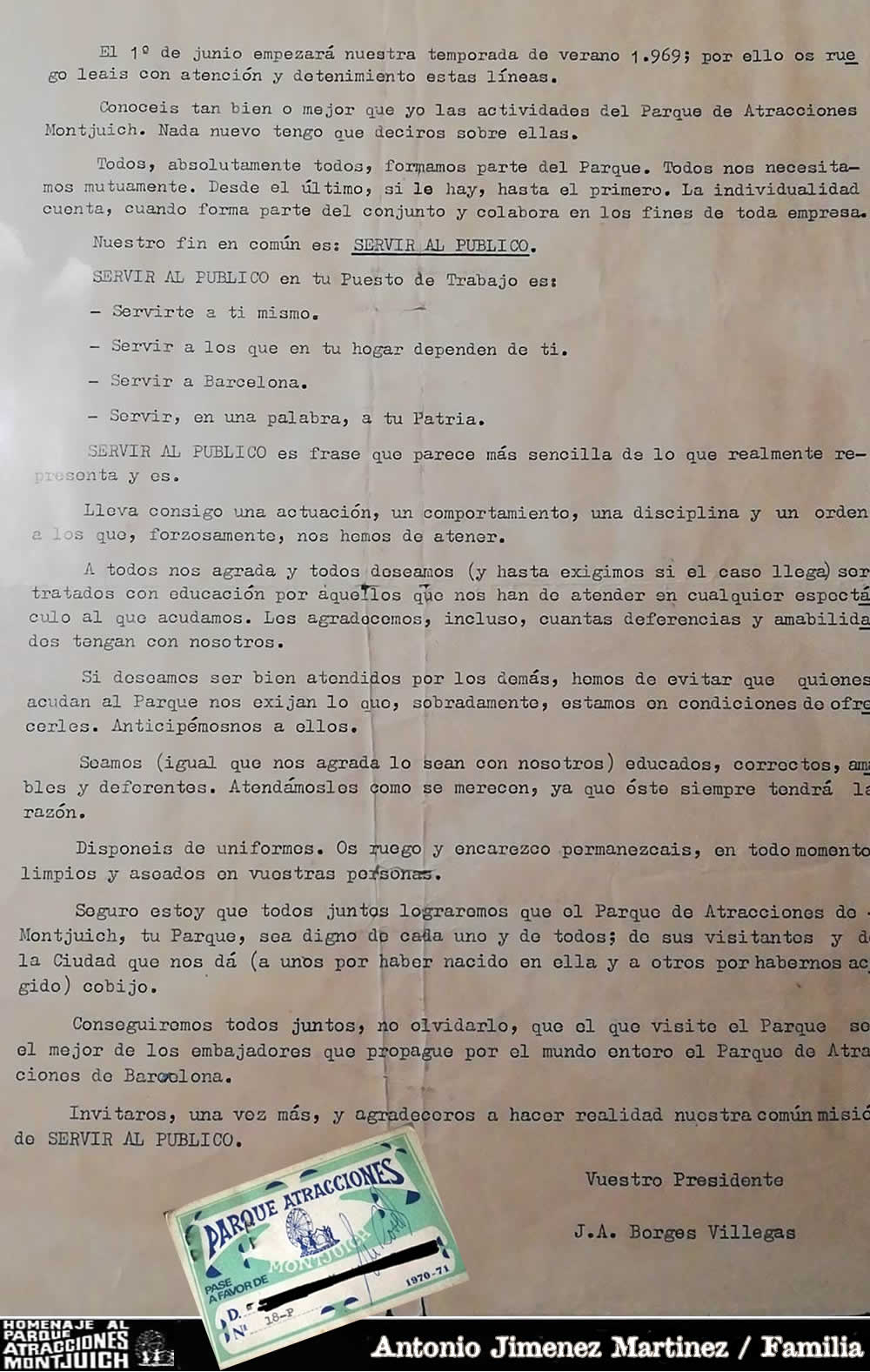 Documento interno de 1969 del presidente del Parque de Atracciones de Montjuich